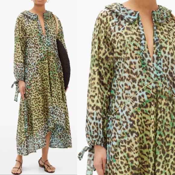 Juliet Dunn Leopard Green Cotton Maxi Dress with bows S 4 6 Small - Picture 1 of 8